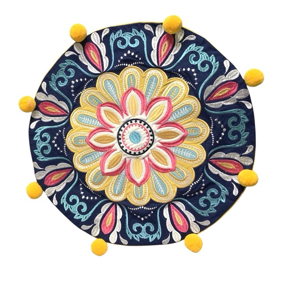 unbranded Other - Floral Mandala Embroidered Round Pillow Case Cover Yellow Pom Pom Accents Boho